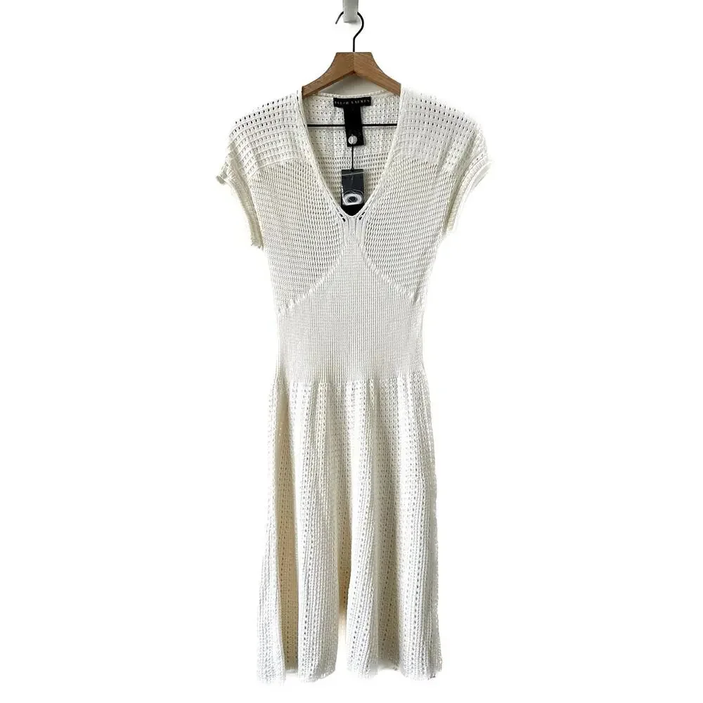 NWT Ralph Lauren Black Label Ivory Pointelle Knit Crochet Dress Size L